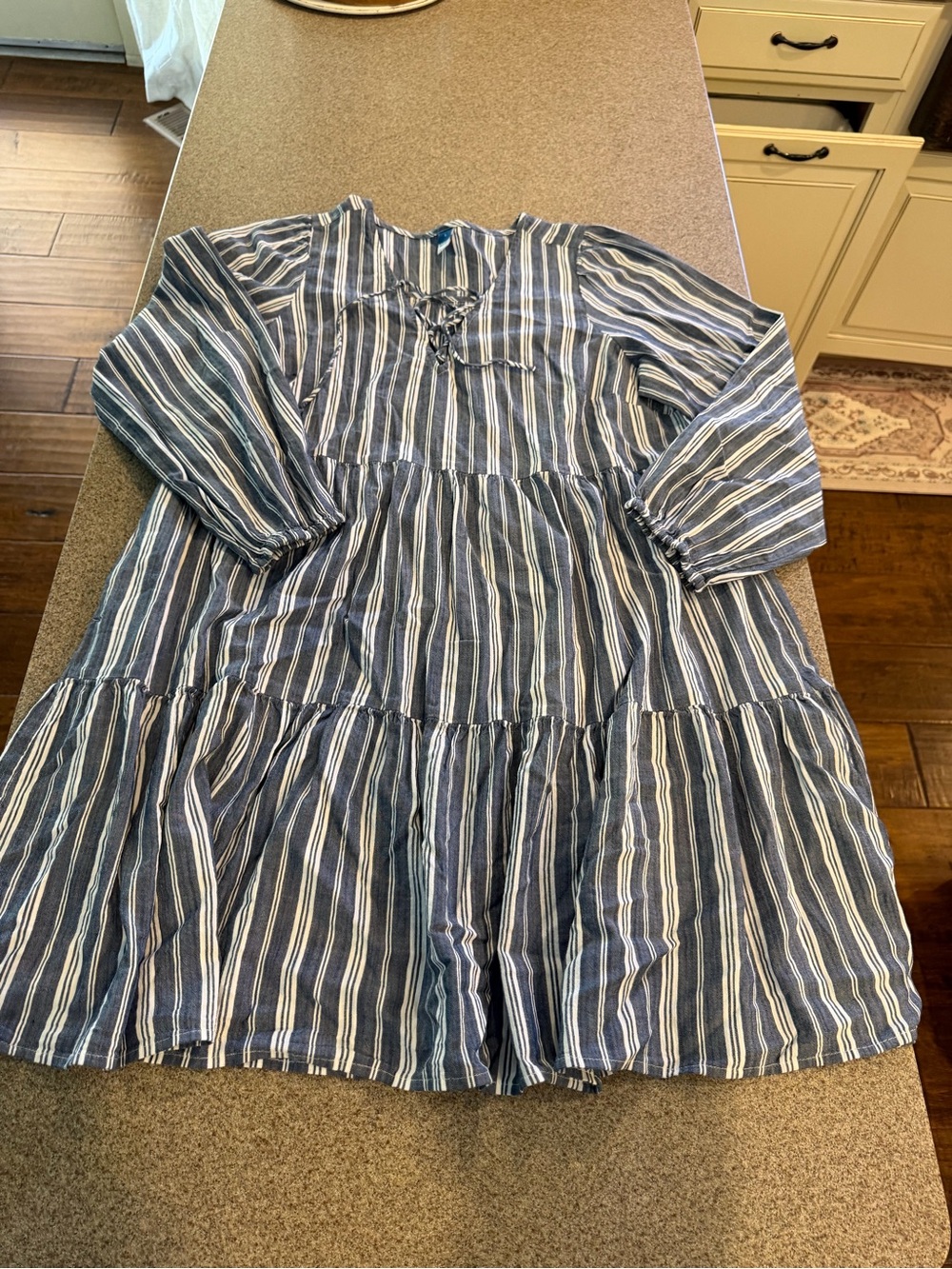 Old Navy Blue and White Striped Tiered Dress with Lace-Up Neck